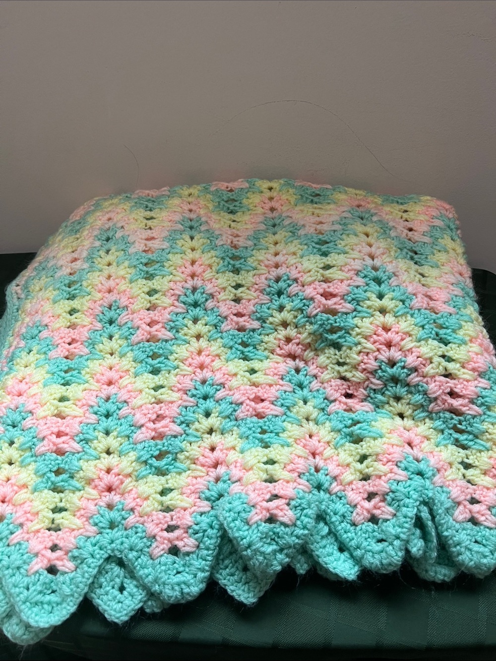 Handmade Chevron Crochet  Blanket in Pastel Pink, Yellow & Mint